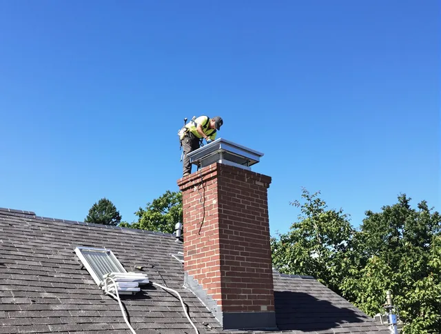Green Chimney Sweep technician measuring a chimney cap in Green, OH