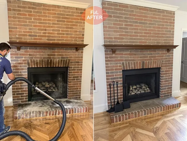 Green Chimney Sweep carefully sanitizing a fireplace in Green, OH