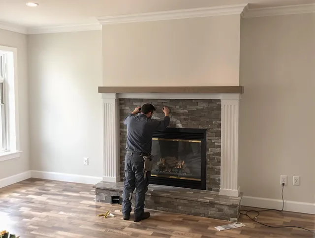 Green Chimney Sweep finishing a custom fireplace install in Green, OH